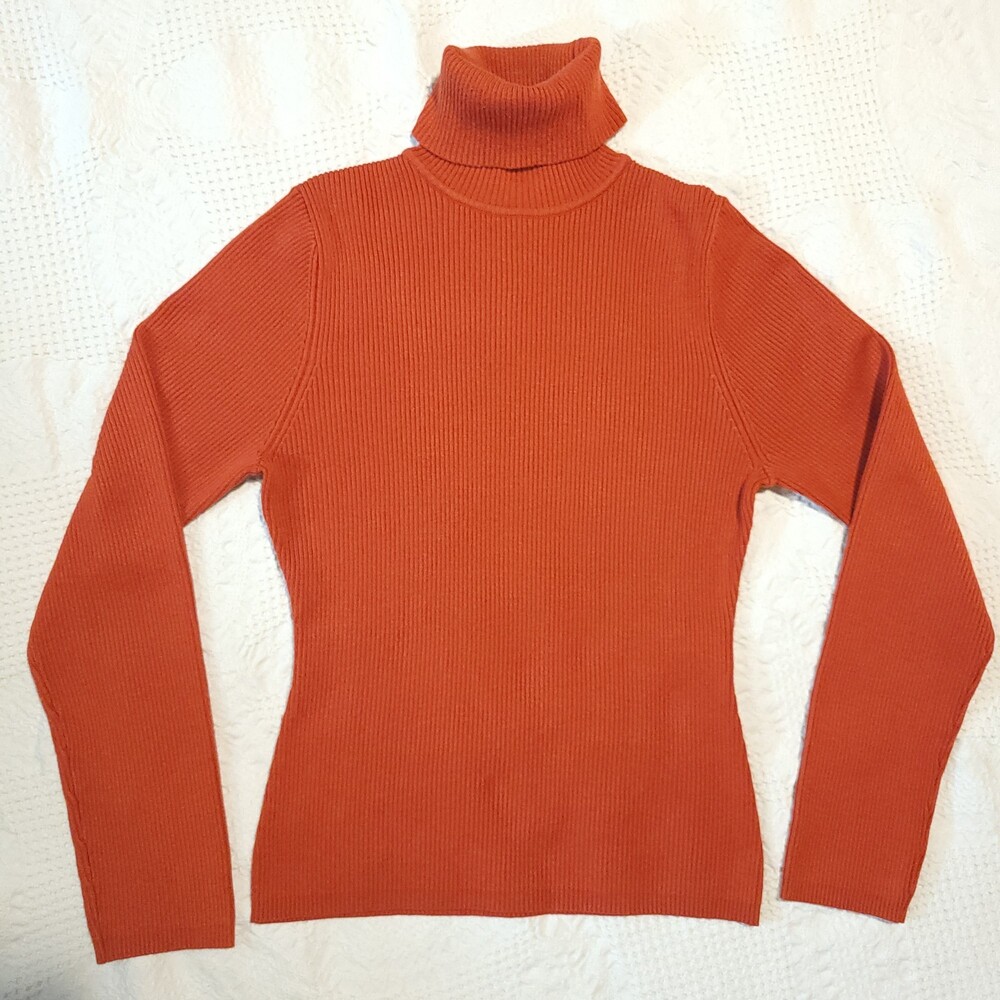 Vintage 90s y2k large Burnt Orange Ribbed Knit Turtleneck Sweater stretch inc